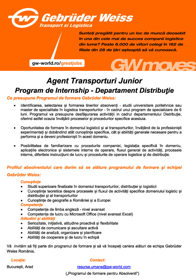 Agent Transporturi Program Internship - Departament Distributie - Gebrüder Weiss